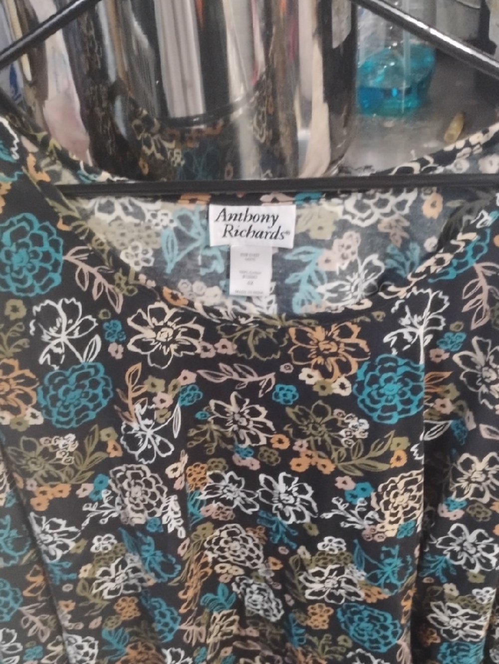 Anthony Richards Black Floral Top with Teal, Beige, White & Olive Accents